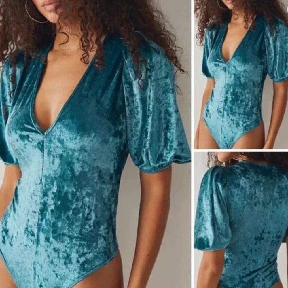 Free People Velvet Bodysuit Deep Teal Puff Sleeve Size XS